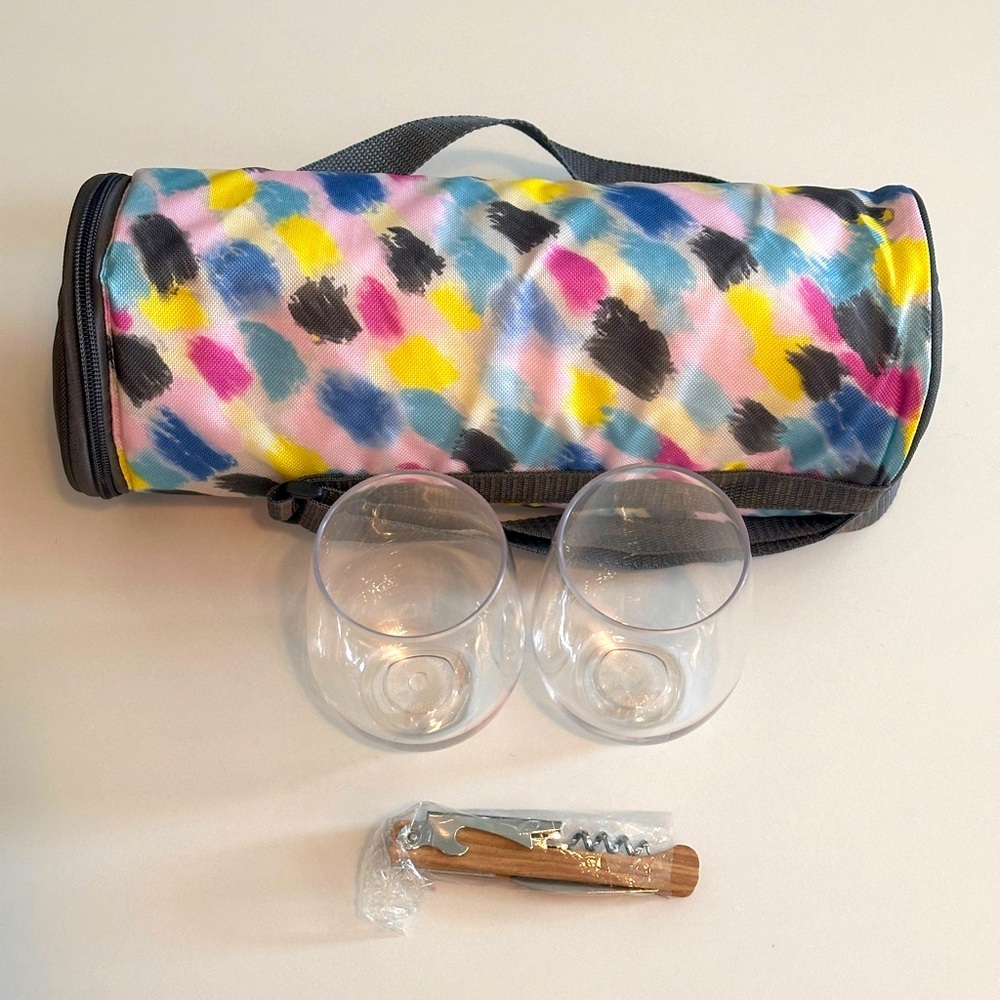 Multicolor Wine Bag with 2 Plastic Cups & Corkscrew